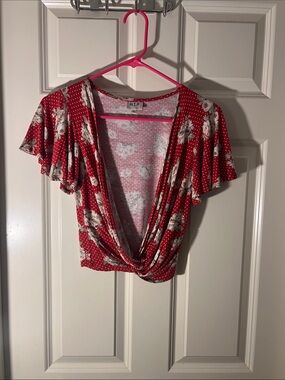h.i.p. Red Floral Polka Dot Twist-Front Crop Top